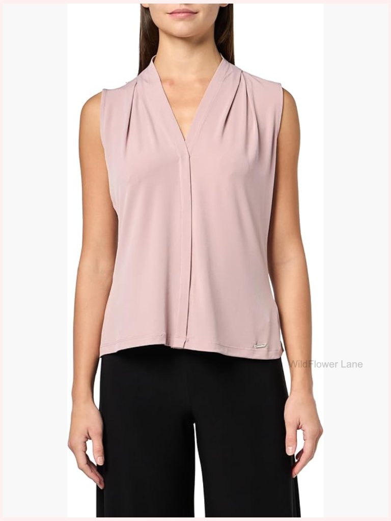 V-Neck Sleeveless Shoulder Pleat Blouse Sheer Work Top Business Casual